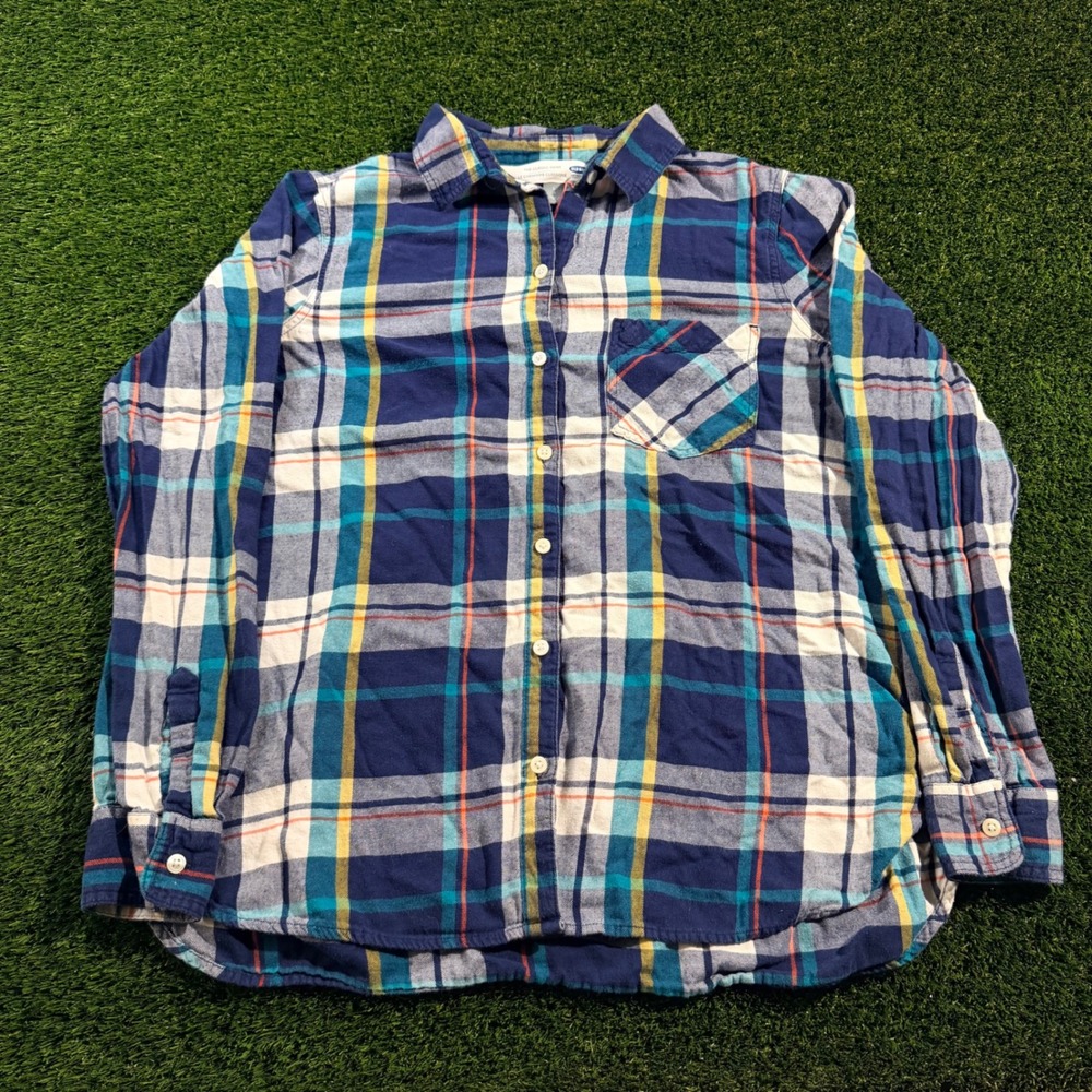 Old Navy The Classic Shirt Womens Large Blue Teal Plaid Flannel Button Down